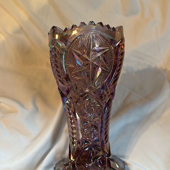 Vintage L. E. Smith Nortec Ohio Star Carnival Iridescent Amethyst Glass Vase 9" - Picture 6 of 10